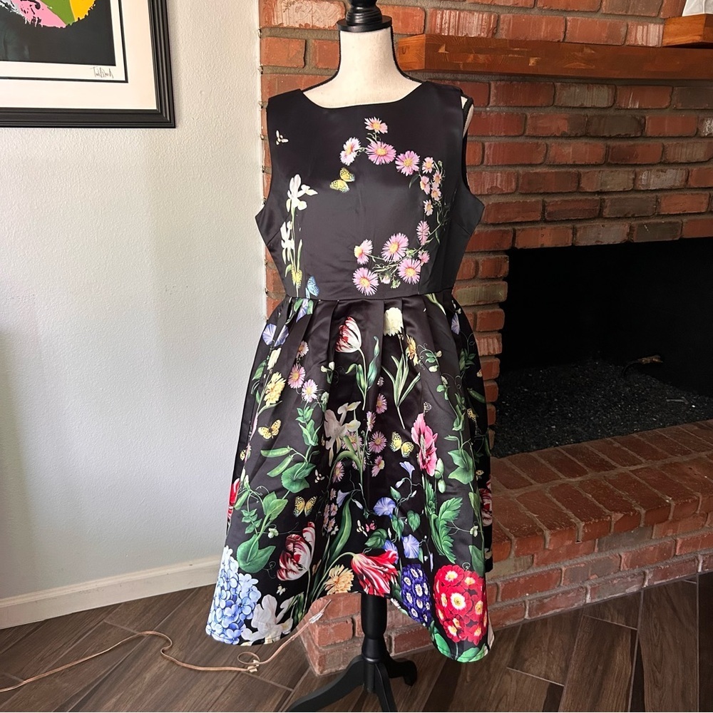 NWT Dalia MacPhee Cascading Floral Midi Dress in Black Sz L - Picture 3 of 9